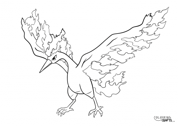 A drawing of Moltres from Pokemon with a plain background to print and colour for free.