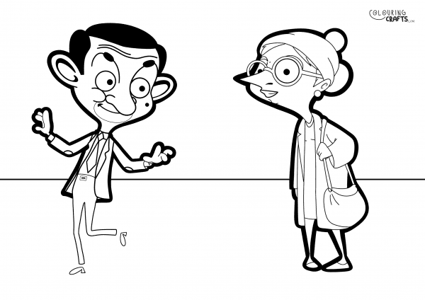 A drawing Of Mr Bean And Irma from Mr Bean with a plain background to print and colour for free.