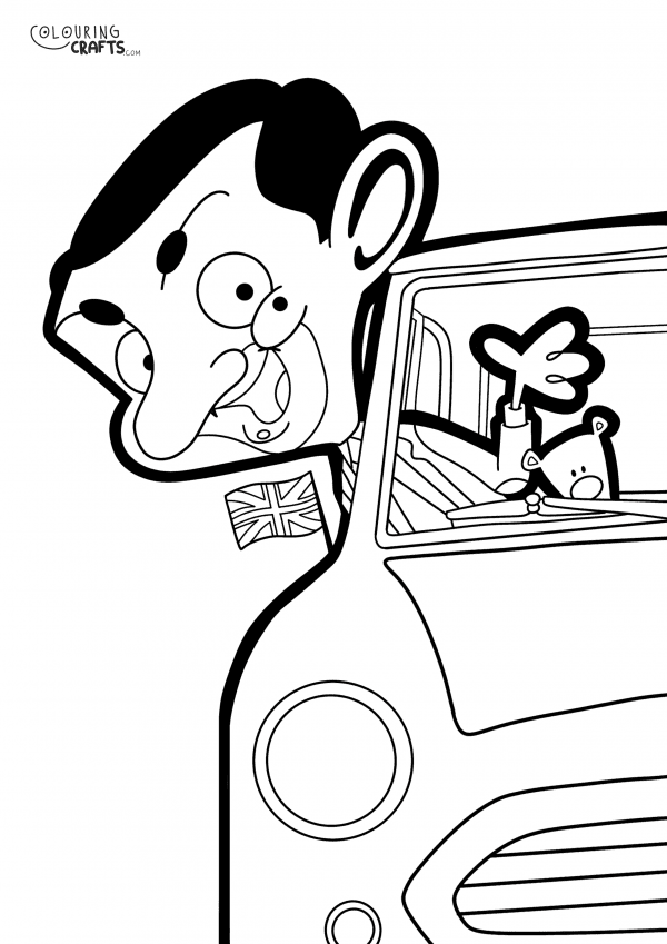 A drawing Of Mr Bean and Teddy in his car with a plain background to print and colour for free.