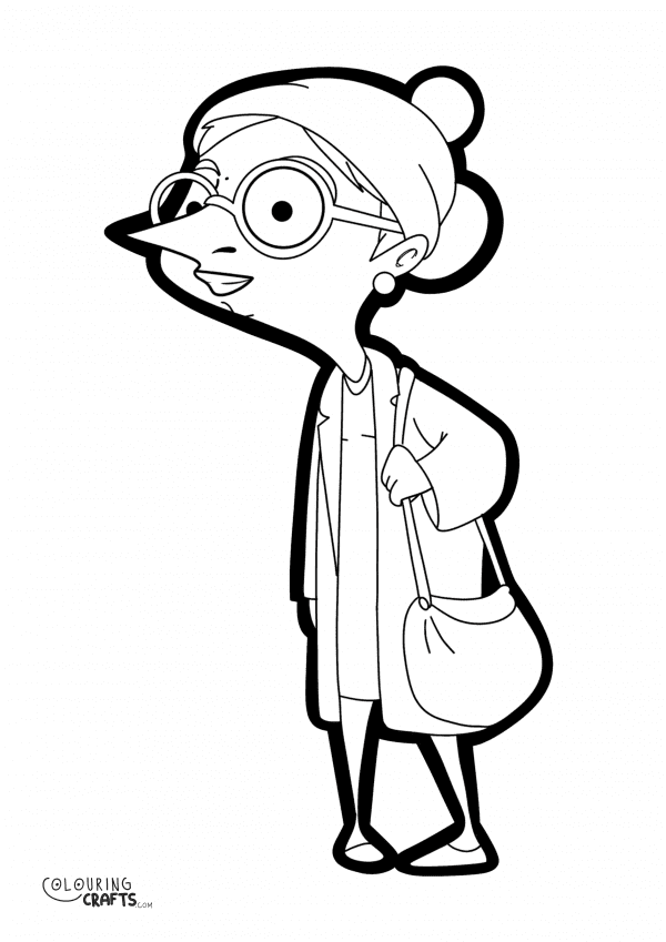 A drawing Of Irma Gobb from Mr Bean with a plain background to print and colour for free.