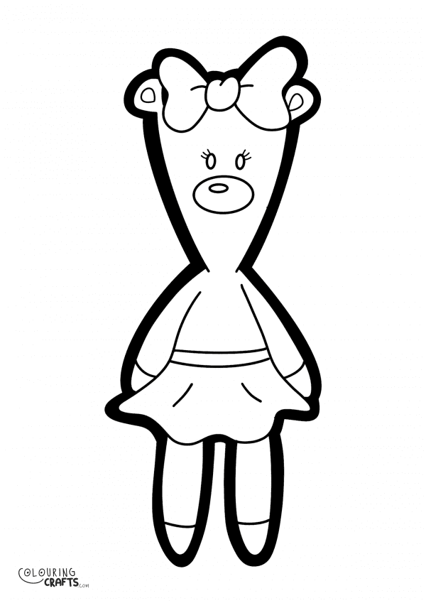 A drawing Of The teddy Lottie from Mr Bean with a plain background to print and colour for free.
