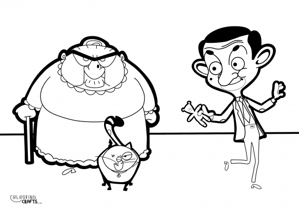 A drawing Of Ms Wicket, Scrapper and Mr Bean from Mr Bean with a plain background to print and colour for free.