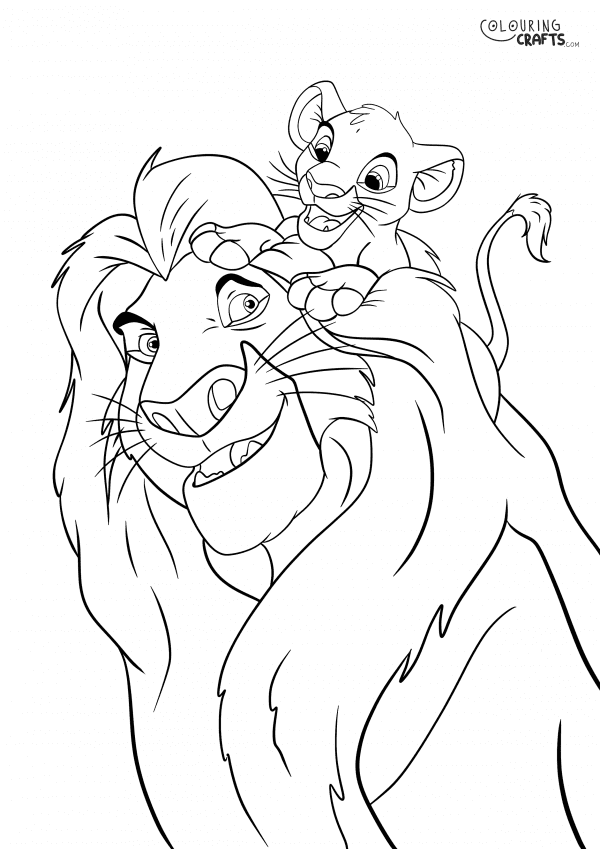 A drawing Of Mufasa And Simba from The Lion King with a plain background to print and colour for free.