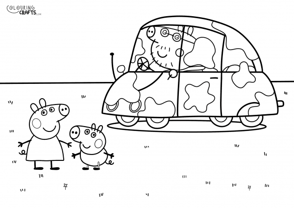 A drawing Of Peppa, George and Daddy Pig from Peppa Pig with a plain background to print and colour for free.