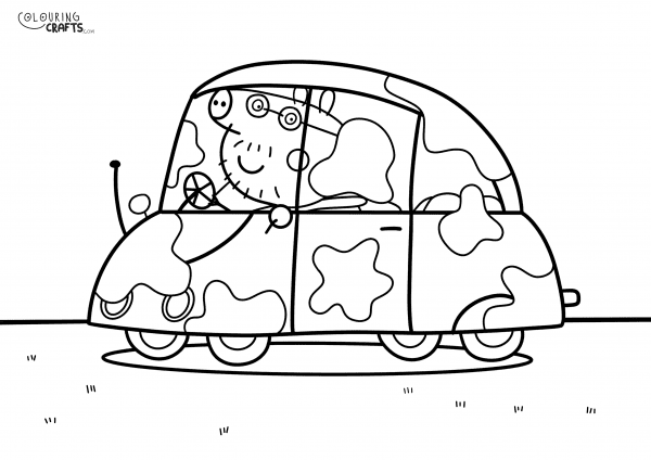 A drawing Of Daddy Pig inn a muddy car from Peppa Pig with a plain background to print and colour for free.