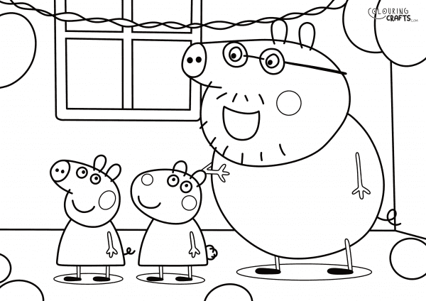 A drawing Of Peppa Daddy Pig and Suzy Sheep from Peppa Pig with a plain background to print and colour for free.