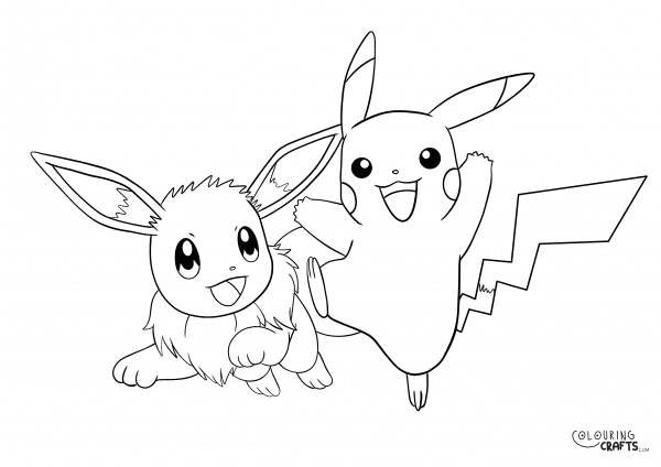 A drawing of Pikachu & Eevee from Pokemon with a plain background to print and colour for free.