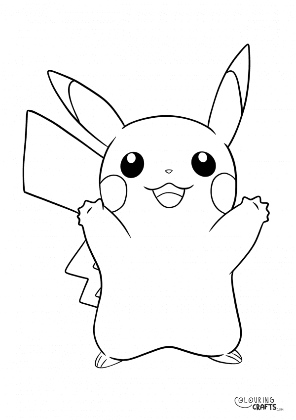 A drawing of Pikachu from Pokemon with a plain background to print and colour for free.