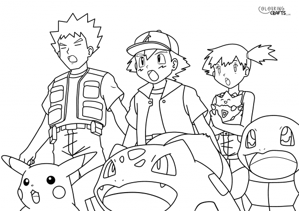 A drawing of Various Characters from Pokemon with a plain background to print and colour for free.