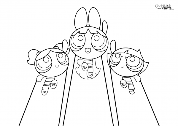 A drawing Of Blossom, Bubbles And Buttercup from The Powerpuff Girls with a plain background to print and colour for free.
