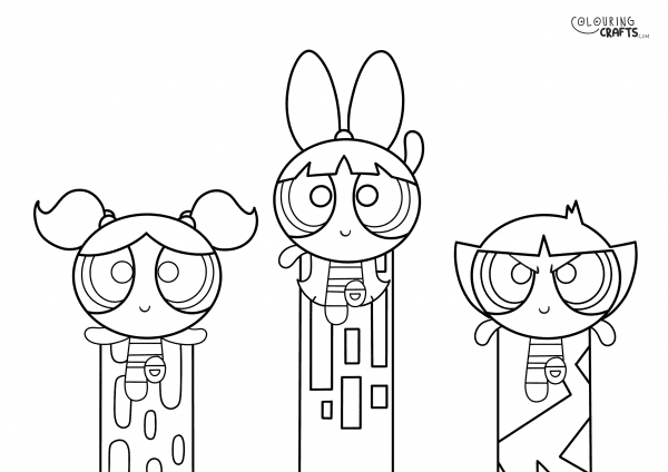 A drawing Of Blossom, Bubbles And Buttercup flying from The Powerpuff Girls with a plain background to print and colour for free.