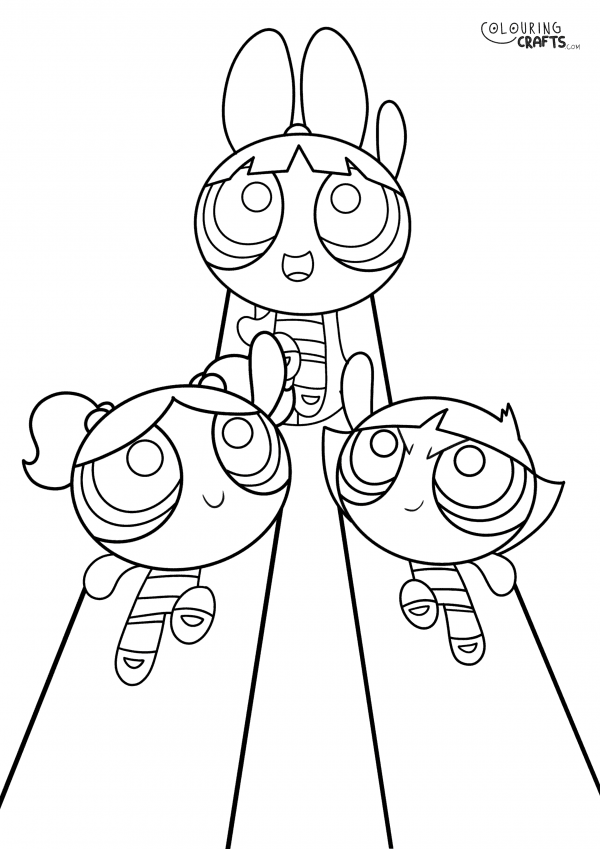 A drawing Of Girls Blossom, Bubbles And Buttercup from The Powerpuff Girls with a plain background to print and colour for free.