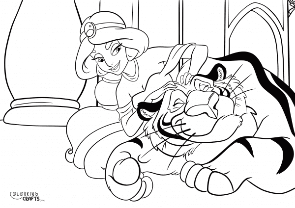 A drawing of Disney Princess Jasmine and her Tiger Rajah cuddling From Aladdin with a plain background to print and colour for free.