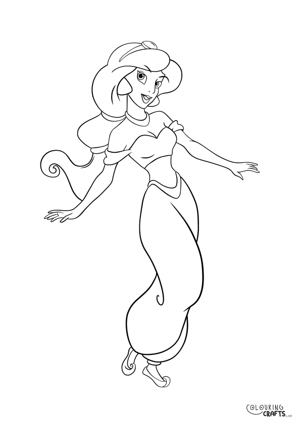 A drawing of Princess Jasmine From Disney Aladdin with a plain background to print and colour for free.