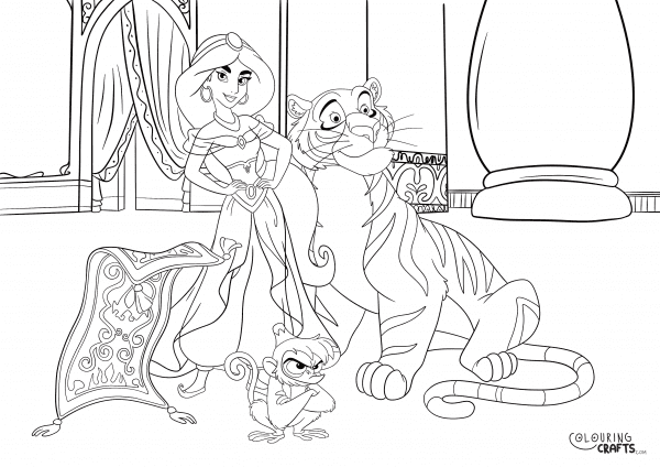 A drawing of Princess Jasmine, The Magic Carpet, Abu and Rajah in the Sultan's Palace From the Disney film Aladdin to print and colour for free.