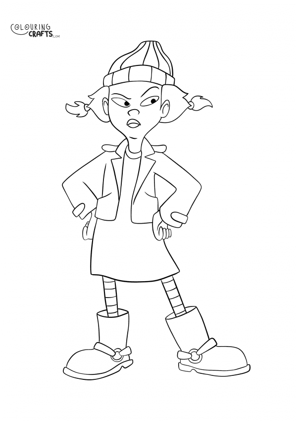 A drawing of Ashley Spinelli from Recess with a plain background to print and colour for free.