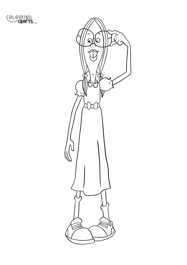 A drawing of Gretchen Grundler from Recess with a plain background to print and colour for free.