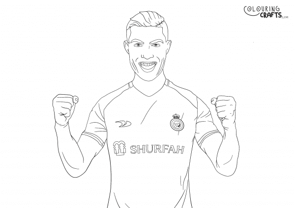 A drawing of the Footballer Ronaldo from Al Nassr football club with a plain background to print and colour for free.