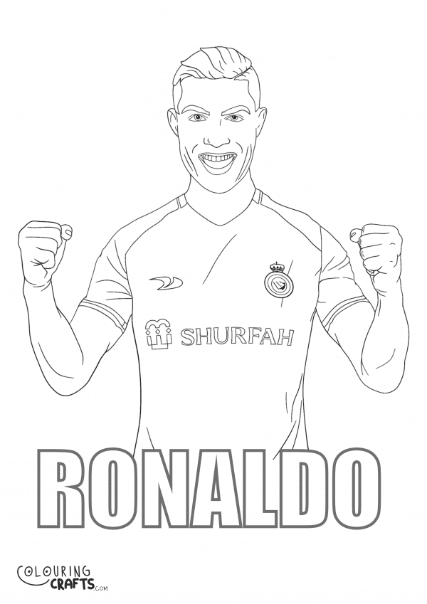 A drawing of the Footballer Ronaldo and his name from Al Nessr football club with a plain background to print and colour for free.