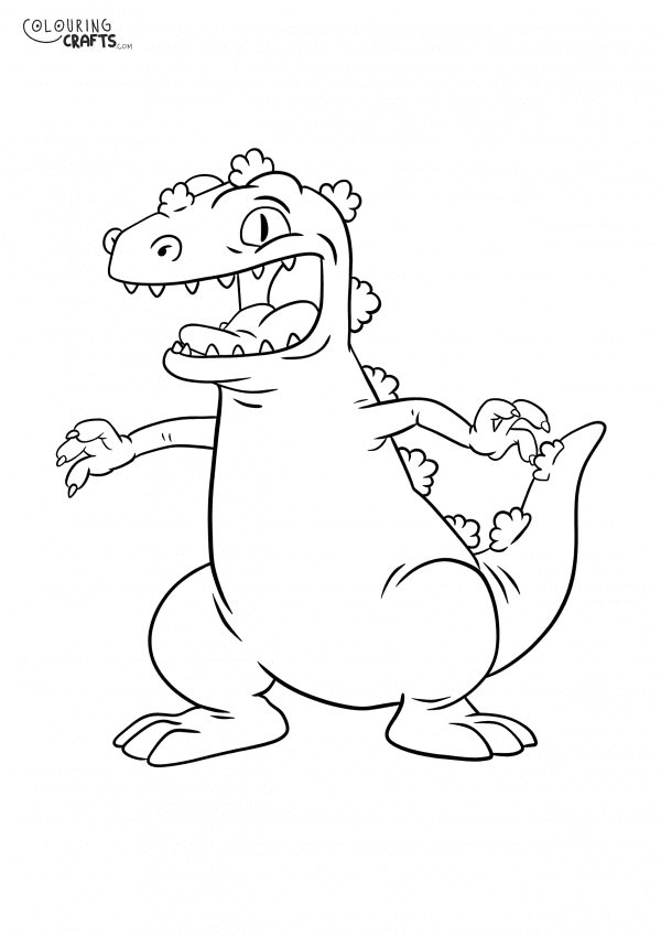 A drawing of Reptar from Rugrats with a plain background to print and colour for free.