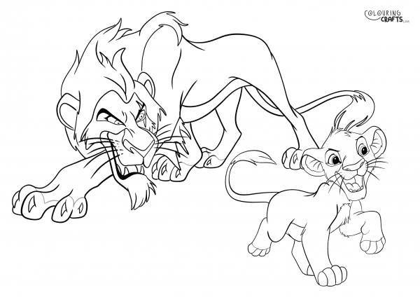 A drawing Of Scar And Simba from The Lion King with a plain background to print and colour for free.