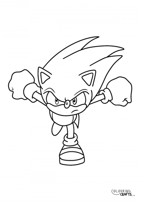 A drawing of Sonic running fast with a plain background to print and colour for free.