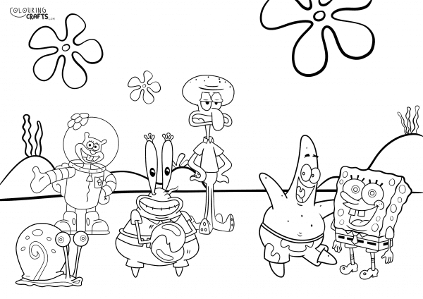 A drawing of a variety of characters from SpongeBob SquarePants with a sea floor background to print and colour for free.
