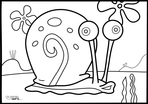 A drawing of Gary from SpongeBob SquarePants with a plain background to print and colour for free.