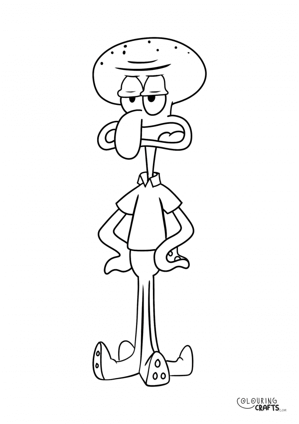 A drawing of Squidward from SpongeBob SquarePants with a plain background to print and colour for free.
