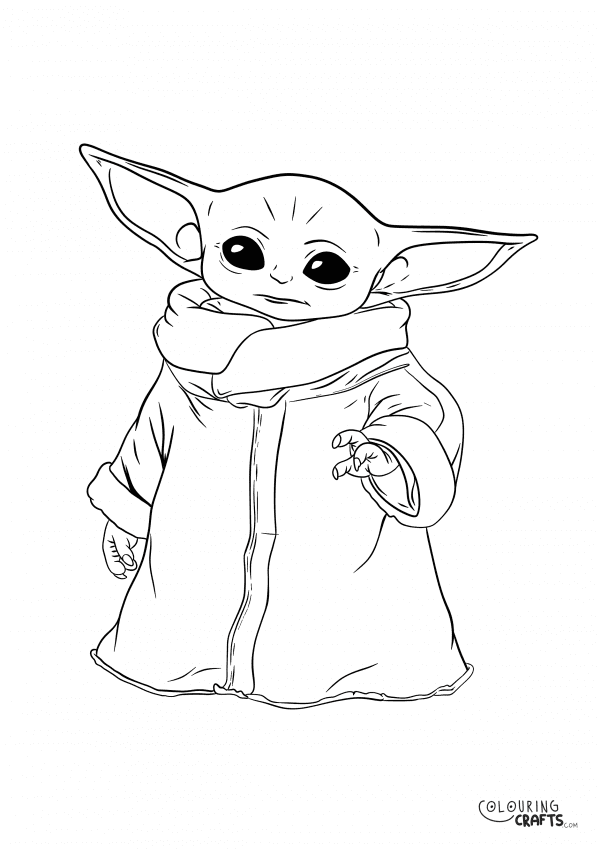 A drawing of Baby Yoda from Star Wars with a plain background to print and colour for free.