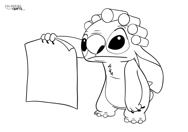 A drawing Of Stitch holding a piece of paper from Lilo And Stitch with a plain background to print and colour for free.