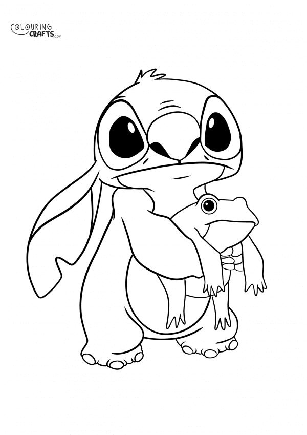 A drawing Of Stitch cuddling a Frog from Lilo And Stitch with a plain background to print and colour for free.