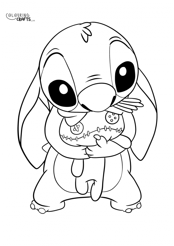 A drawing Of Stitch cuddling Grump from Lilo And Stitch with a plain background to print and colour for free.
