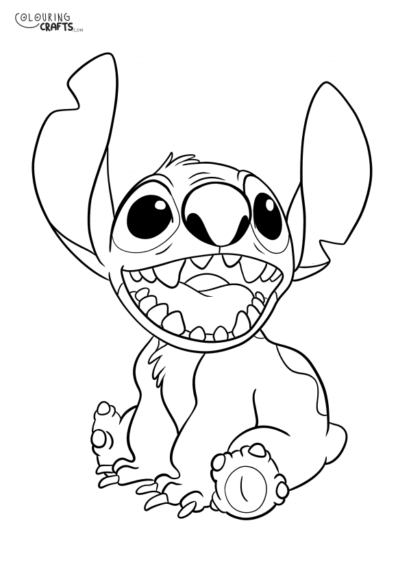 A drawing Of Stitch sat down from Lilo And Stitch with a plain background to print and colour for free.