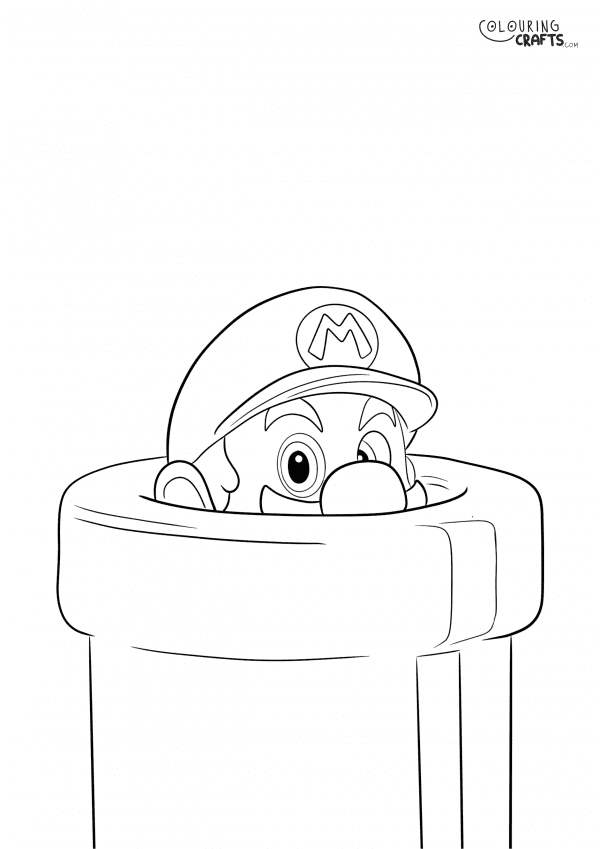 A drawing of Mario In a Warp Pipe from Super Mario with a plain background to print and colour for free.