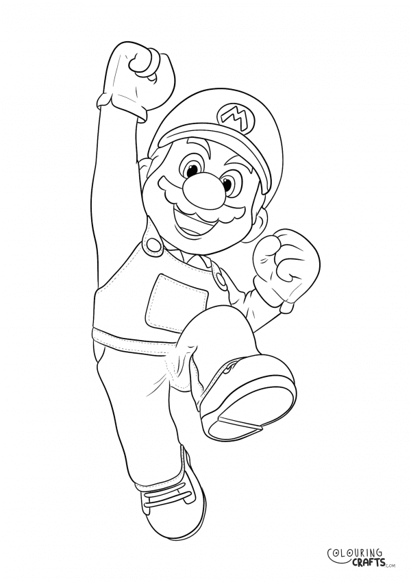 A drawing of Mario Jumping from Super Mario with a plain background to print and colour for free.