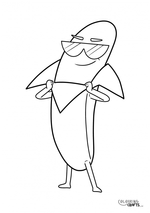A drawing of Banana from Supertato with a plain background to print and colour for free.