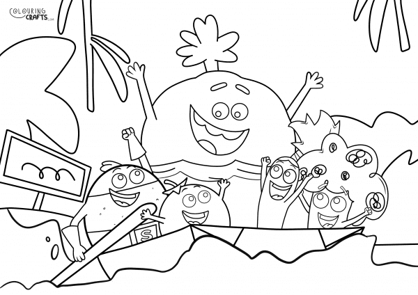 A drawing of Characters from Supertato with a background to print and colour for free.