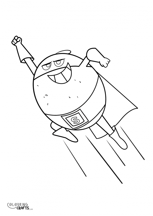 A drawing of Supertato Flying from Supertato with a plain background to print and colour for free.