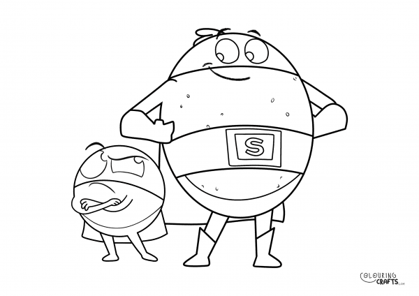 A drawing of Supertato And Evil Pea from Supertato with a plain background to print and colour for free.
