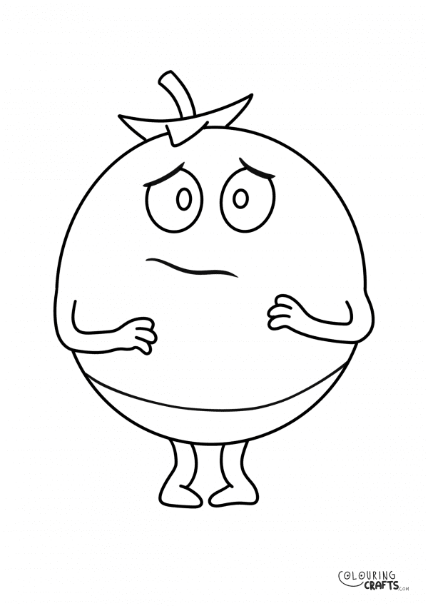 A drawing of Tomato from Supertato with a plain background to print and colour for free.
