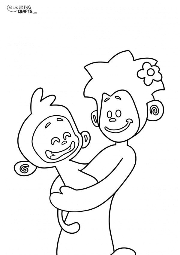 A drawing of Tee Smiling with Mo from Tee And Mo with a plain background to print and colour for free.