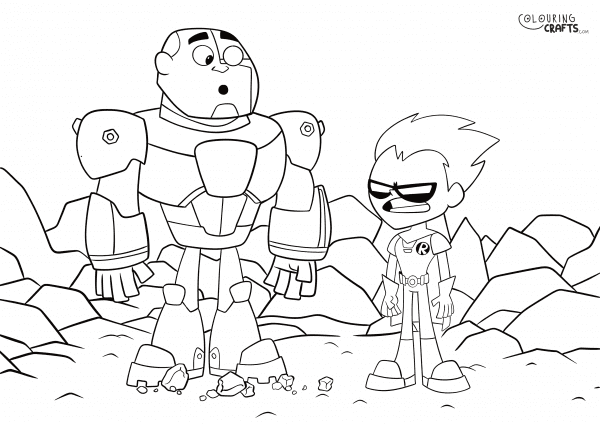 A drawing of Robyn and Cyborg from Teen Titans Go with a rocky background to print and colour for free.