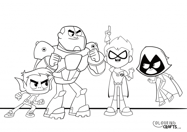 A drawing of Robyn, Raven, Beast Boy And Cyborg from Teen Titans Go with a plain background to print and colour for free.
