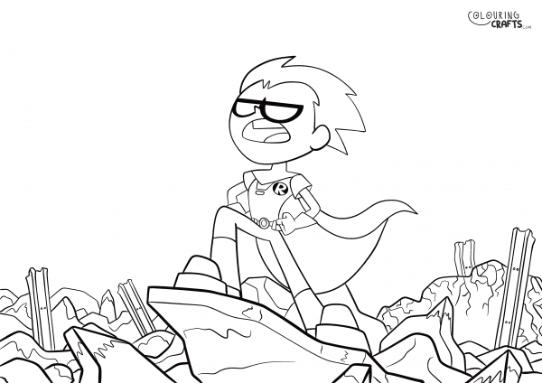 A drawing of Robyn from Teen Titans Go with a rocky background to print and colour for free.