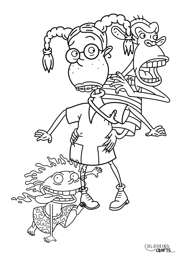 A drawing of Eliza, Donnie And Darwin from The Wild Thornberrys with a plain background to print and colour for free.