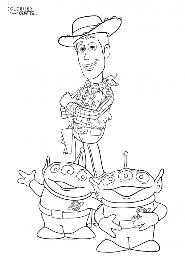 A drawing of Woody And Aliens from Toy Story with a plain background to print and colour for free.