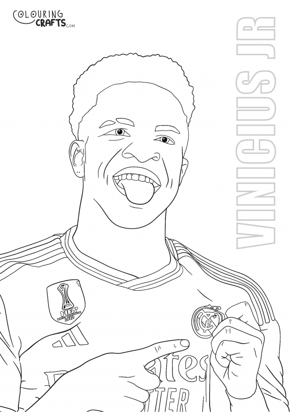 A drawing of the Footballer Vinicius Jr and his name from Real Madrid with a plain background to print and colour for free.