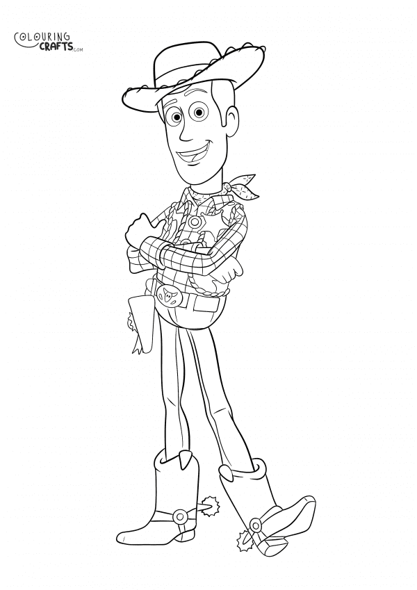 A drawing of Woody from Toy Story with a plain background to print and colour for free.