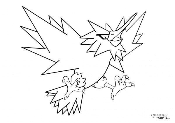 A drawing of Zapdos from Pokemon with a plain background to print and colour for free.